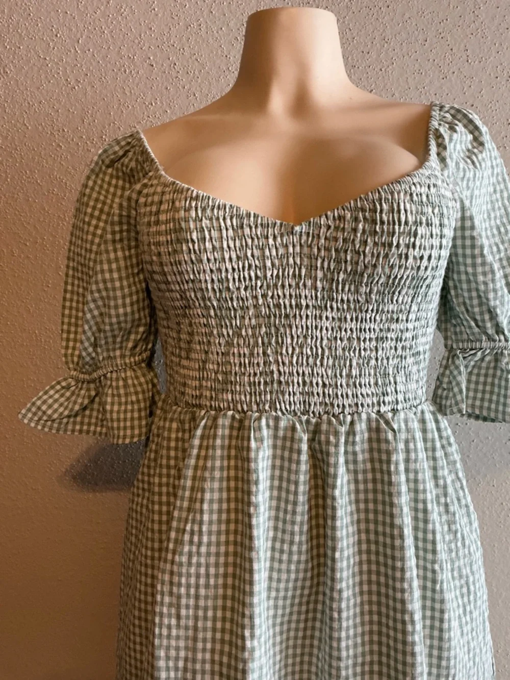 Smocked Gingham Mini Dress in Sage Green - Picture 3 of 8